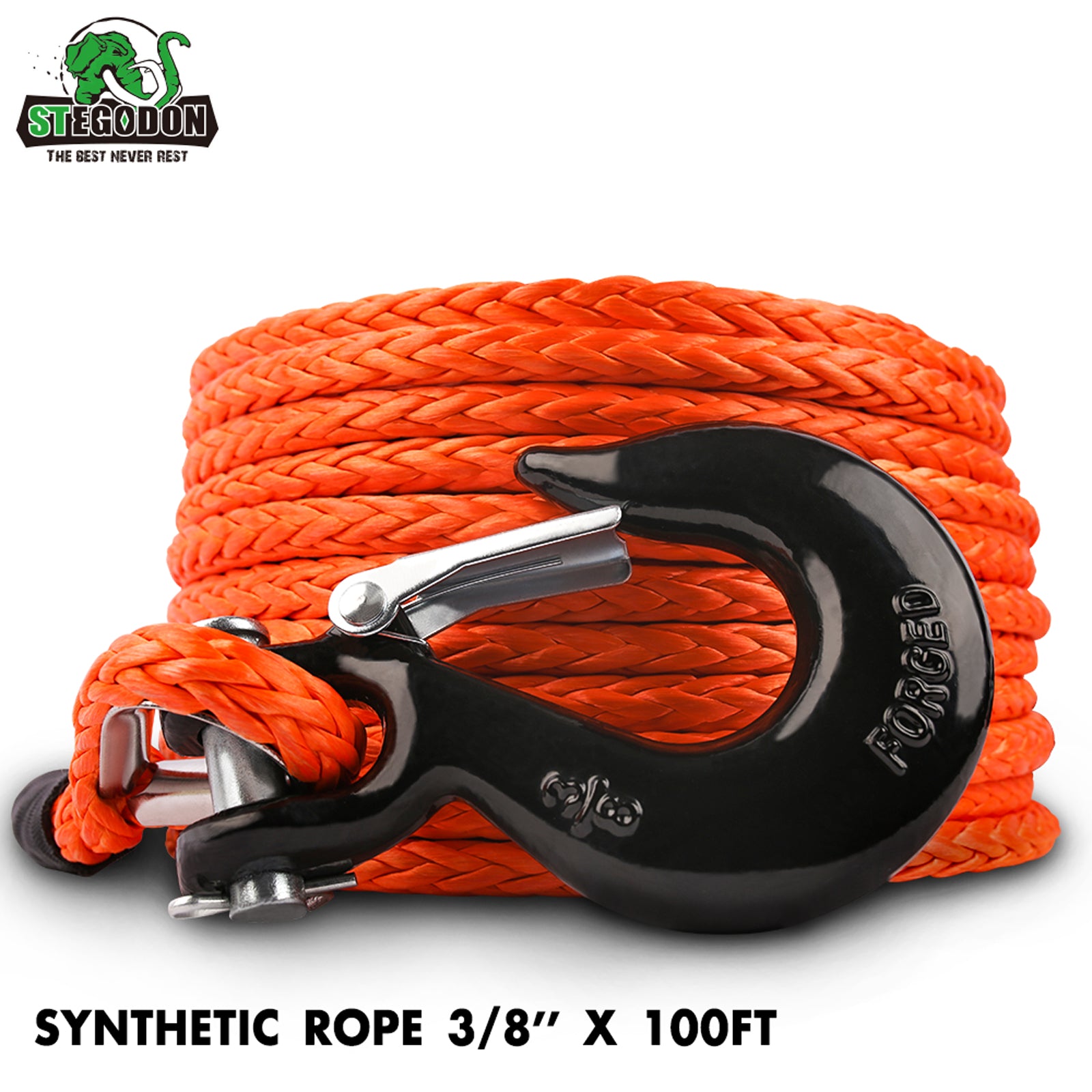 STEGODON 3/8 x 100ft Synthetic Winch Rope 23,809lbs Dyneema Winch Cable Line with Hook and Sleeve Protection Car Tow Recovery Cable for 4WD Off